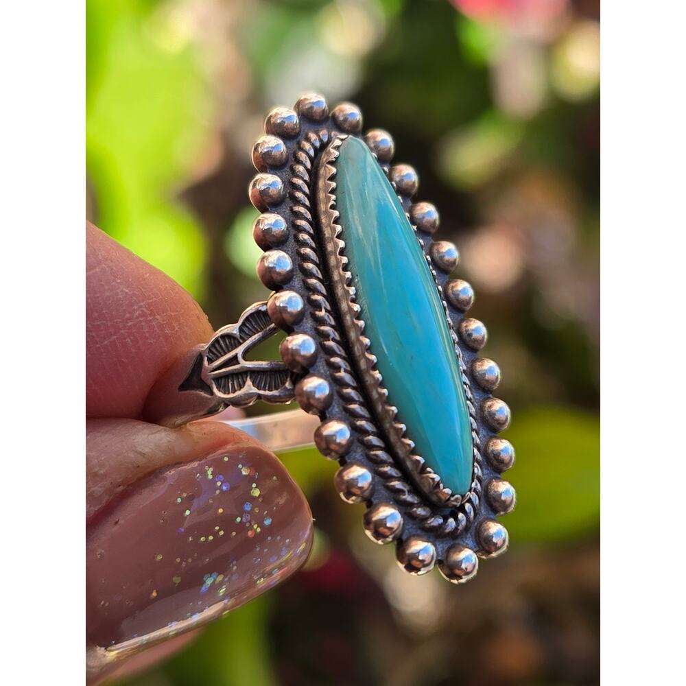 Vintage Navajo Fred Harvey Era 925 Sterling Silver Elongated Turquoise Ring, 7 - Picture 3 of 9